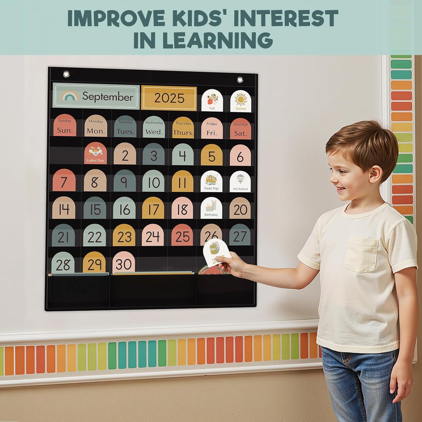 Classroom Monthly Calendar Pocket Chart for Kids Learning, 105 Cards Wall Boho Calendar and Weather, Teacher Supplies for Kindergarten Preschool Elementary Homeschool