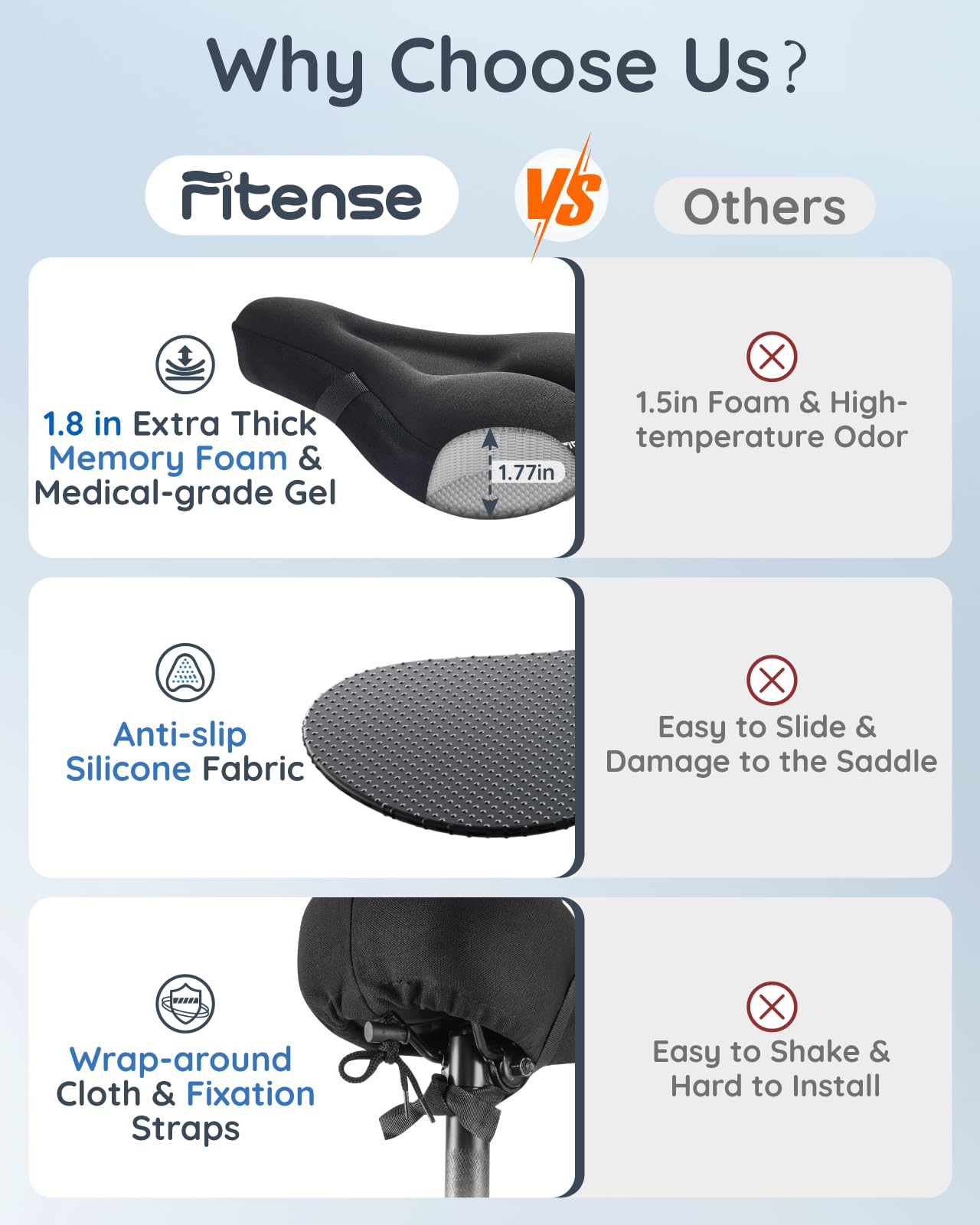 Fitense Bike Seat Cushion, Comfort Bike Seat Cover for Men Women, Exercise Bicycle Seat Cushion Padded Cover Compatible with Peloton, Mountain Stationary Bikes,Black