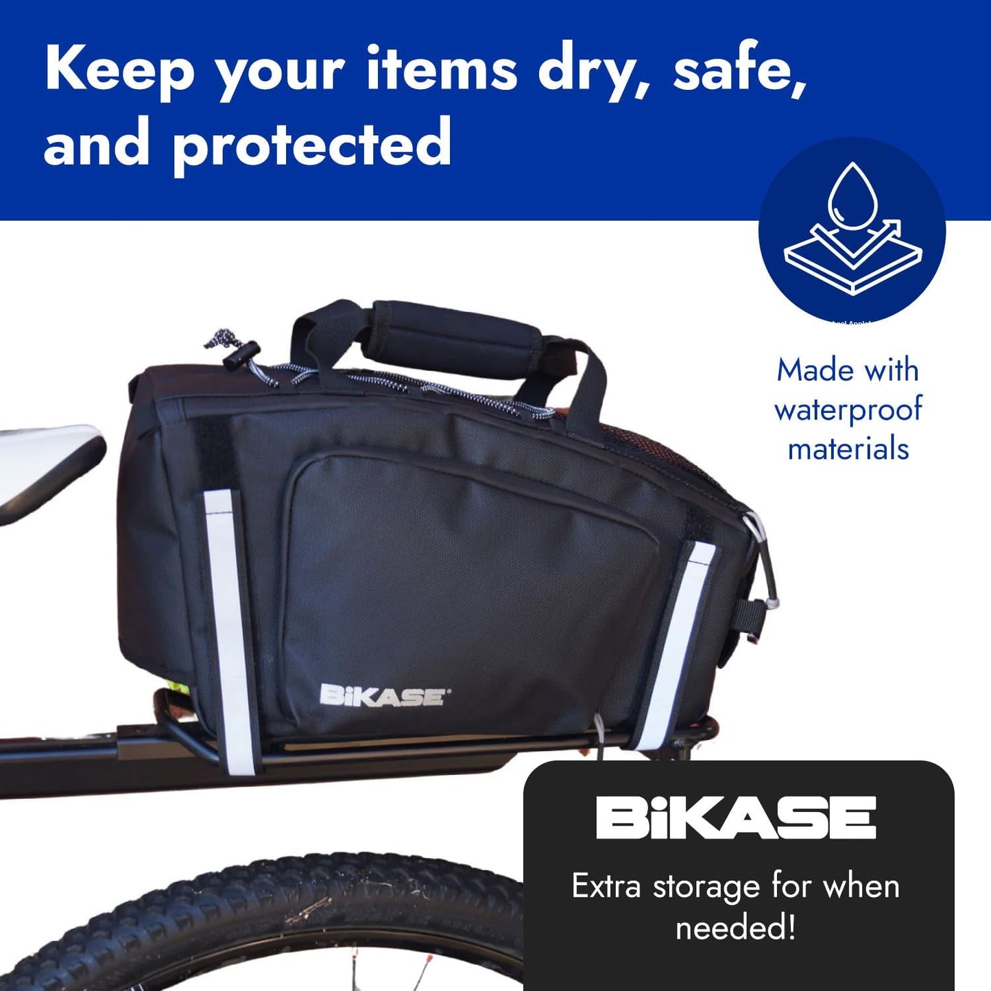 BiKase Big Momma Bike Trunk Bag - Universal Fit Medium Rear Rack Bag with Side Pockets, Top Bungee, Mesh Pocket, Key Holder & Reflective Accents - Spacious Bicycle Rack Bag for Ebikes & Bicycles