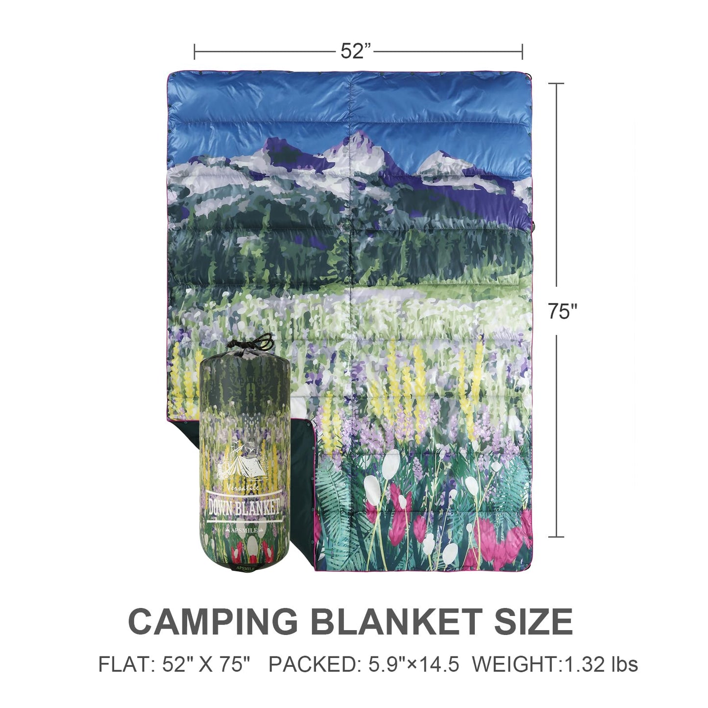 APSMILE Outdoor Down Blanket | Extra Warm & Puffy Camping Blanket | Water-resistant, Lightweight, Packable Sleeping Quilt for Camp, Travel, Hiking, Picnic, Backpack (Flower Valley HD Printed, 52"x75")