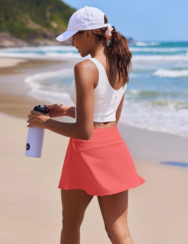 PINSPARK Tennis Skirt Pleated Golf Skorts for Women Workout Tummy Control Athletic Skirts with Pockets,Porcelain Rose Large
