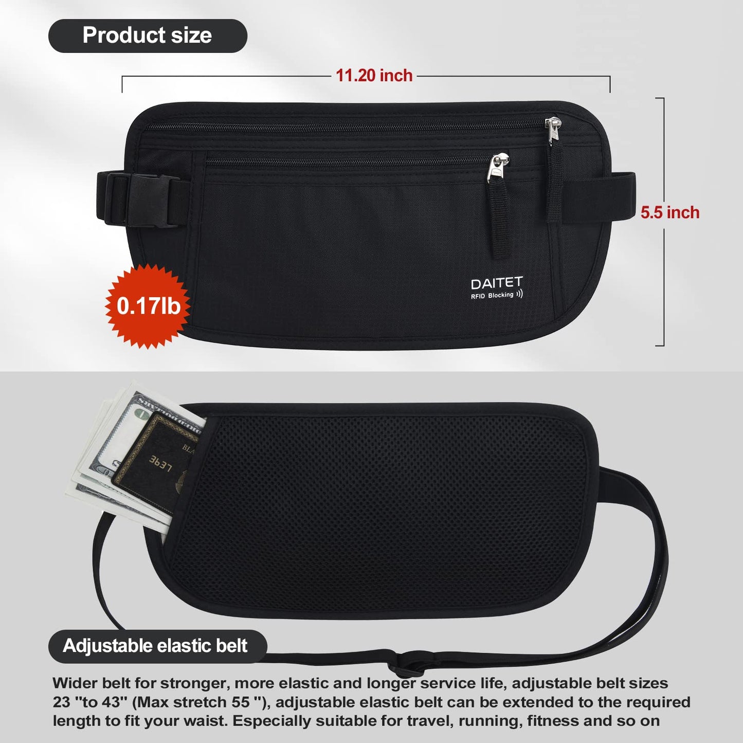 Money Belt for Travel - RFID Slim Passport Holder Travel Pouch Concealed, Anti-theft