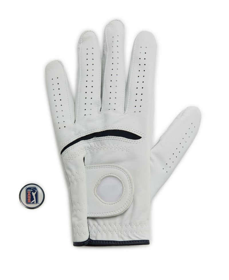 PGA Tour Men's Men'S Leather Left Hand Golf Glove With Ball Marker, Bright White, Small