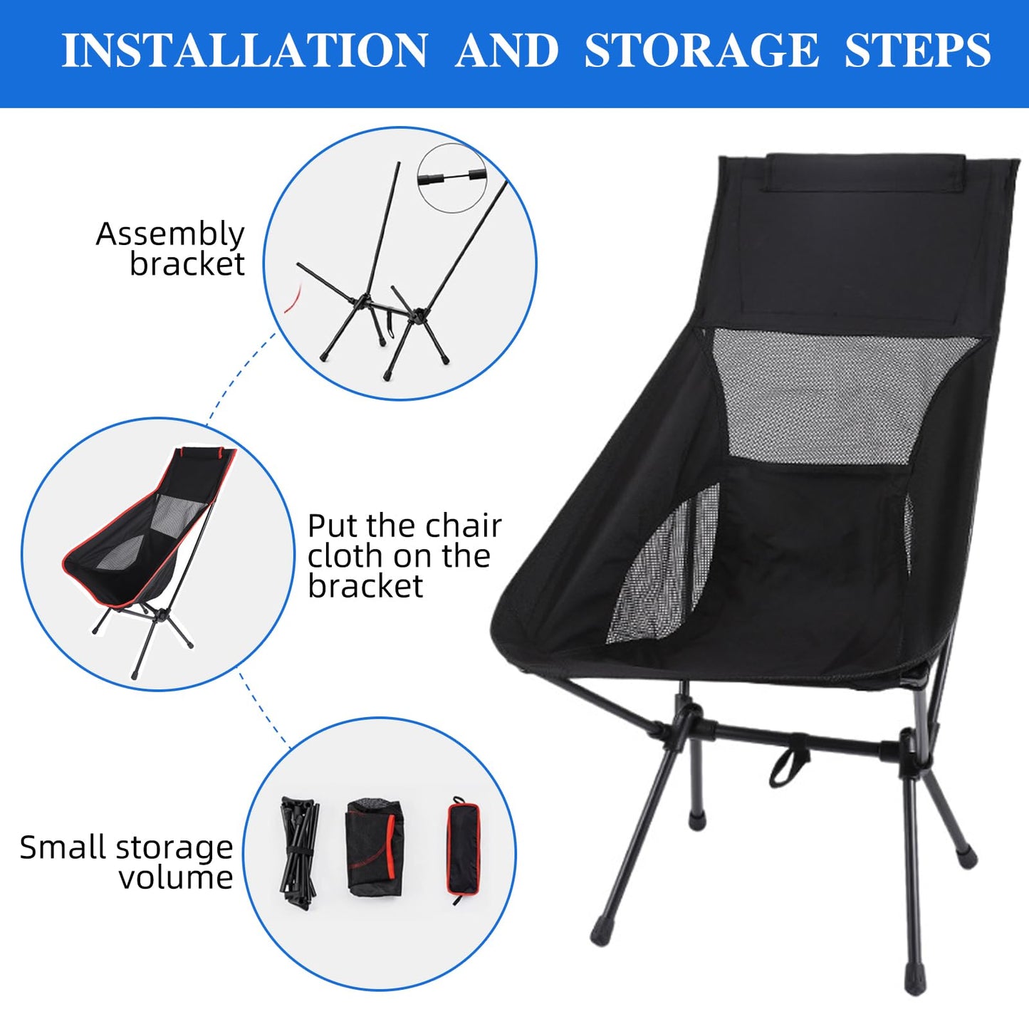 2 Pack Portable Camping Chair Backpacking Chair - Ultralight Folding Chair - Compact, Lightweight Foldable Chairs for Hiking Mountaineering, Beach-Navy Blue
