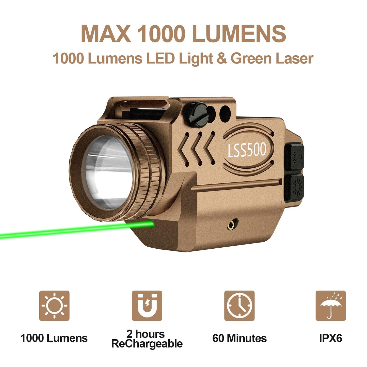 1000 Lumens Pistol Light Green Laser Combo, Aluminum Tactical Weapon Light with Momentary and Strobe Mode, Magnetic USB Rechargeable and Ambidextrous Button, Fits for Compact Rail Mount