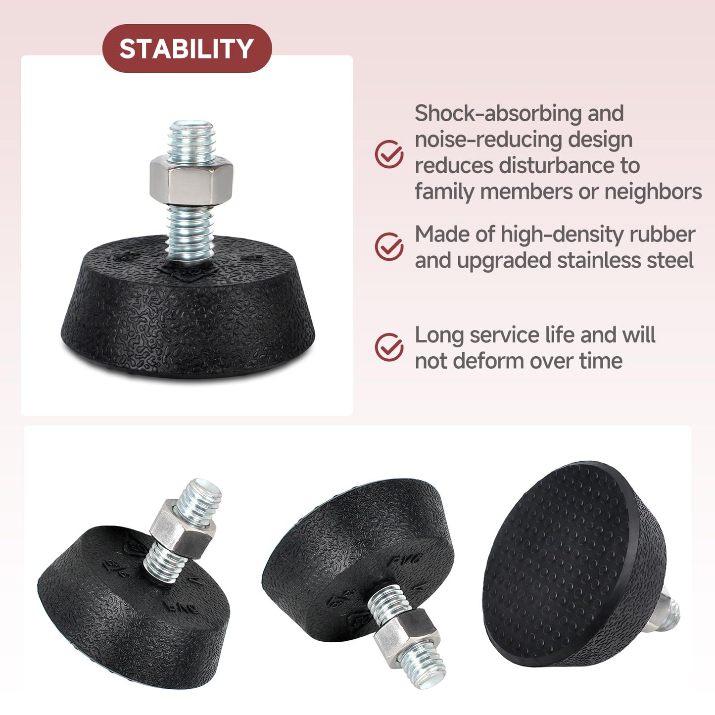 (4 Pack) Leveling Screw Foot Pads for Peloton Exercise Bike - Upgraded Stainless Steel 3/8" Leveling Screws, Anti-Slip Shock Absorbing, Noise Reduction Rubber Stabilizer Feet Replacement Parts