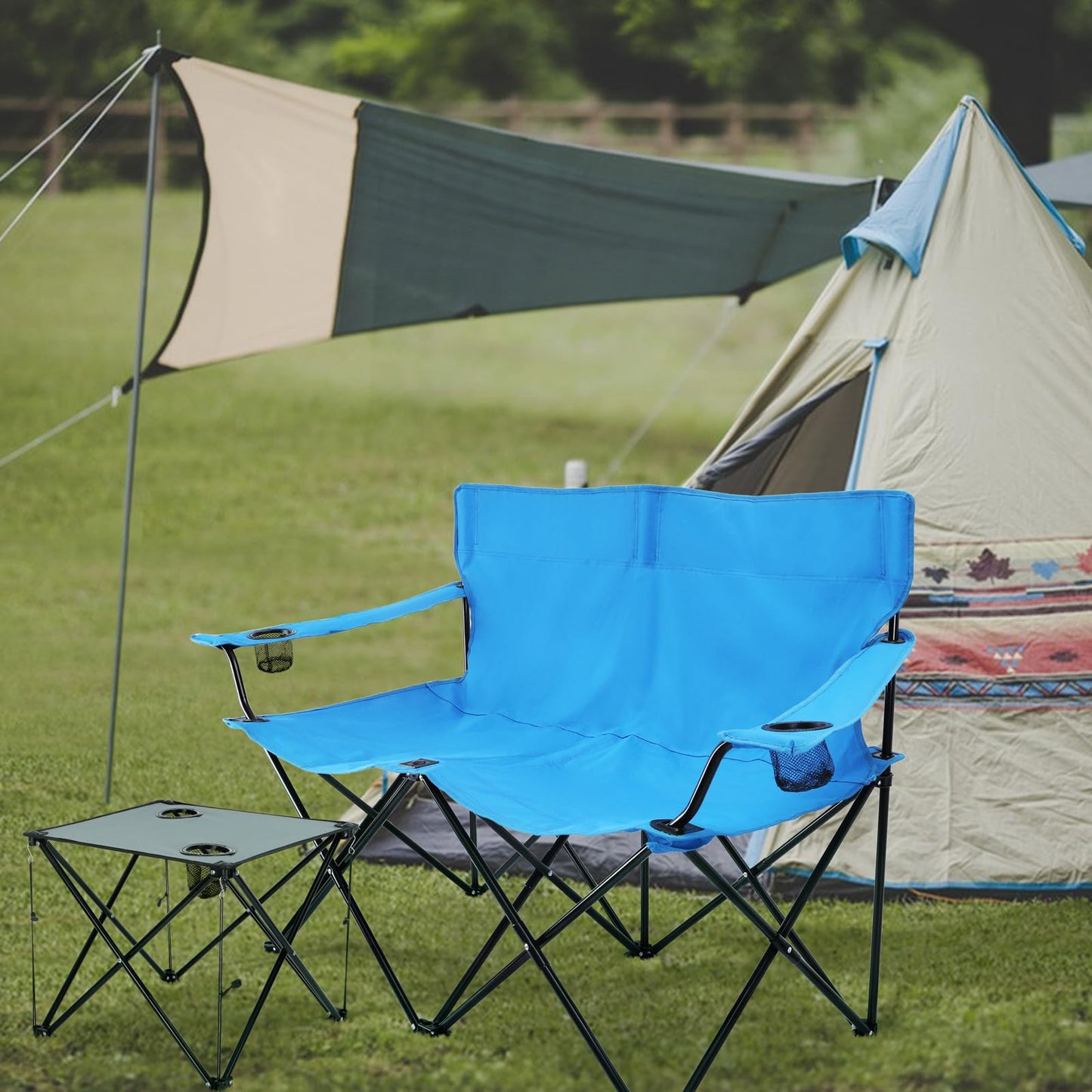 Leonyo Double Folding Camping Chair with Grey Table, Outdoor Portable Loveseat Lawn Chairs for Adults with Camping Table with Carrying Bag for Beach, Backyard