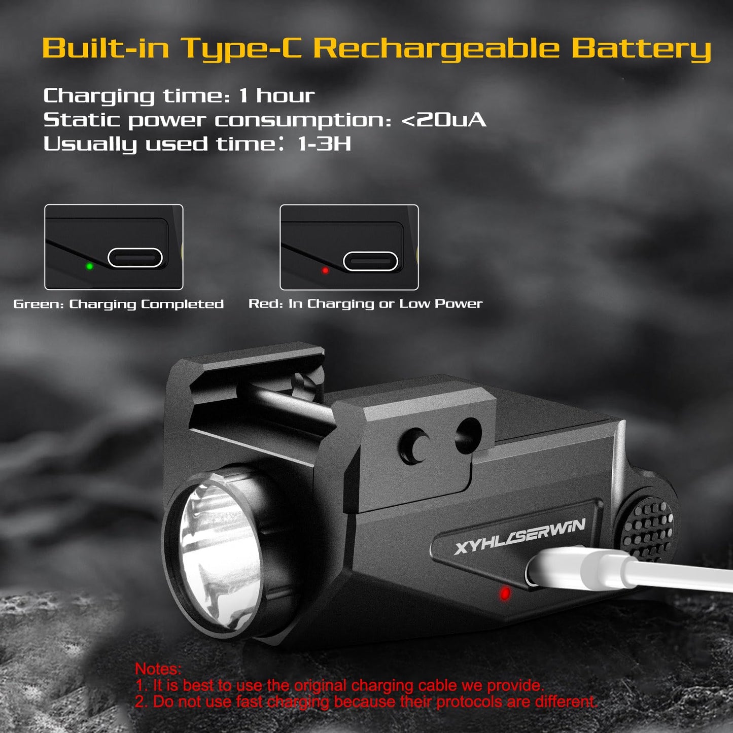 800 Lumens Compact Tactical Weapon Light with Strobe Function, Mini Pistol Picatinny Rail Mounted, USB-TypeC Rechargeable, Aluminum Flashlight for Gun Includes High, Low Lumens