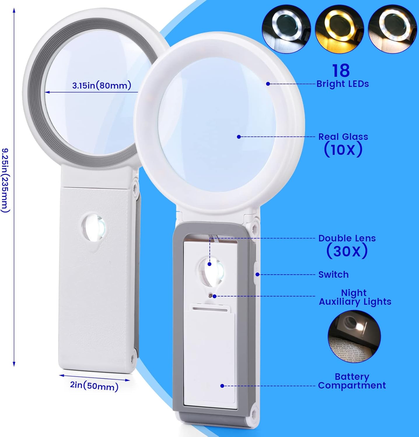 30X 10X Magnifying Glass with Light and Stand, Foldable Handheld Magnifying Glass 18 LED Illuminated Lighted Magnifier for Macular Degeneration, Seniors Reading, Close Work, Coins, Jewelry