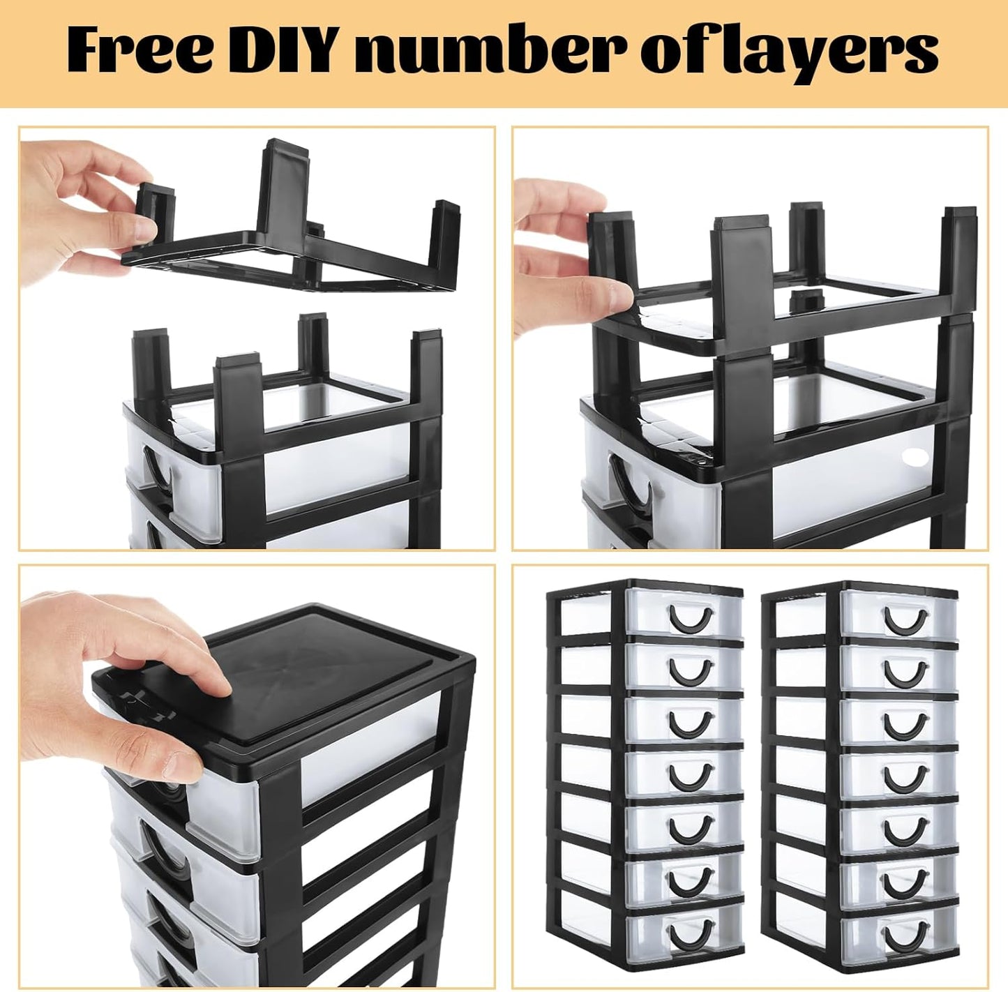 LANIAKEA 2PCS Plastic Drawers Organizer 13.7x5.1x6.7inch Stackable Plastic Drawer Storage Containers with 7 Clear Drawer Units Desktop Storage for Craft, jewelry (Black)
