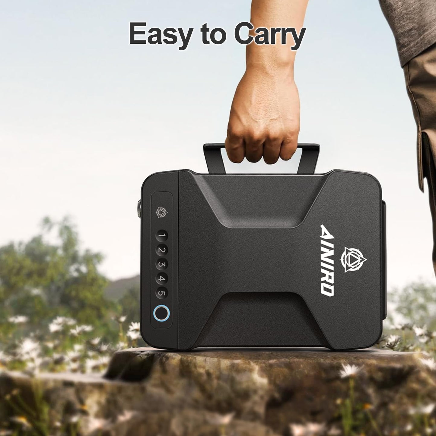 AINIRO Gun Safe for Handgun, Small Biometric Gun Safe with Built-in Handle Gun Lock Box for Pistols with Fingerprint, Keypad and Key Unlock Pistol Safe for Home, Car, Truck, Bedside Nightstand