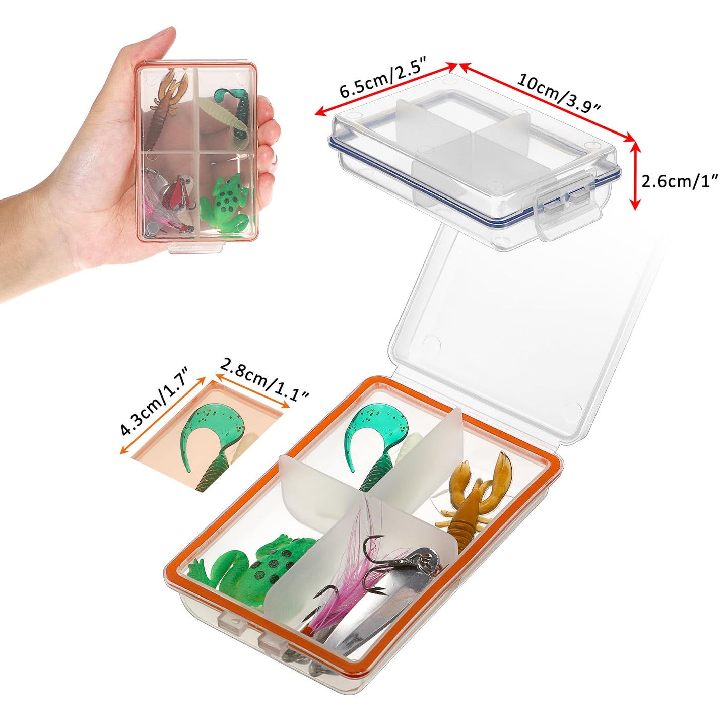 JUXYES Pack of 6 Plastic Small Fishing Tackle Box Organizer with 4 Compartments, Clear Mini Fishing Tackle Storage Boxes with Dividers, Transparent Fish Pocket Tackle Storage Box Lure Box