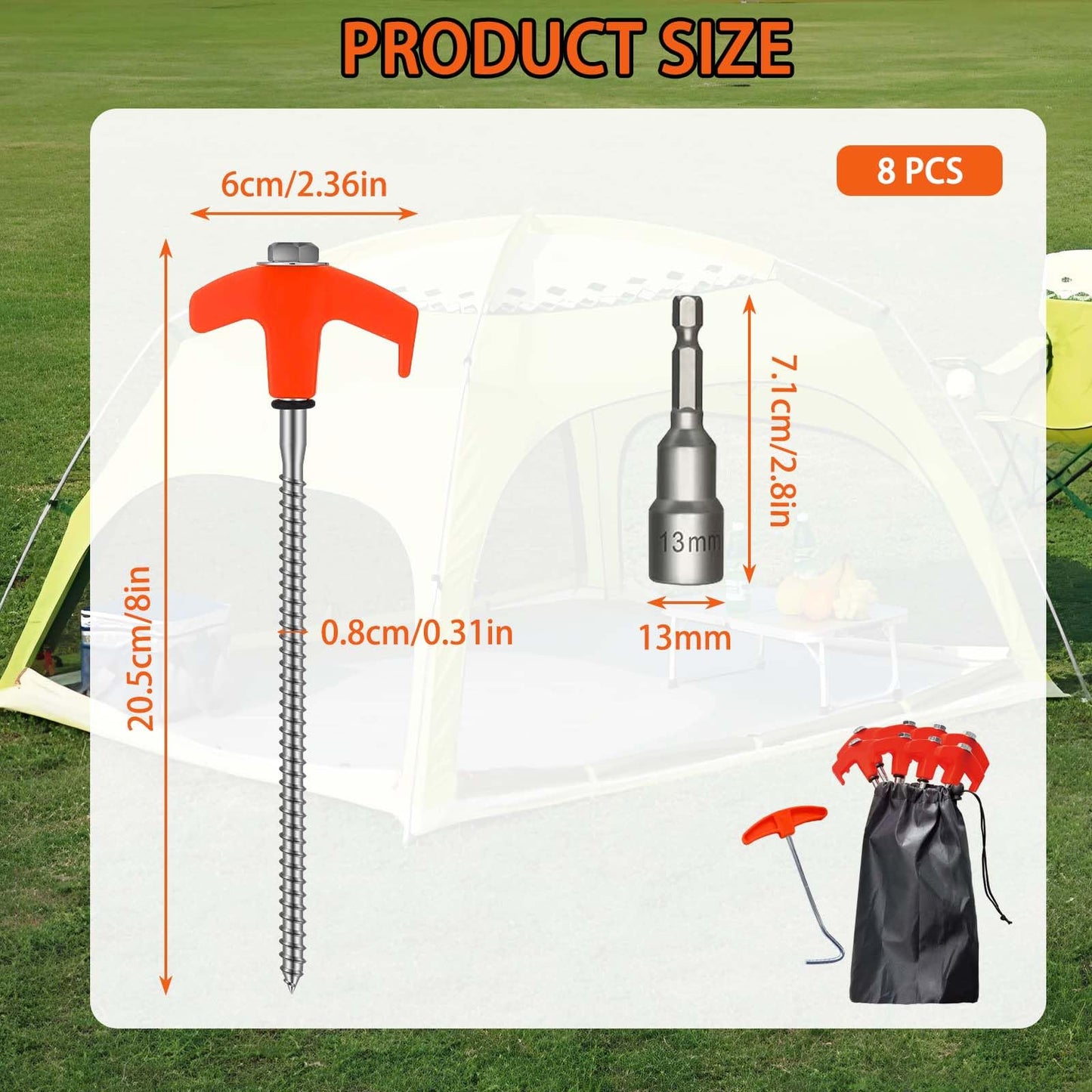 Kimmkco 8 Pack 8" Screw in Tent Stakes Heavy Duty Ground Anchors, Tent Pegs Metal Tent Spikes Camping Tent Stakes with Hex Head Driver & Nail Extractor for Outdoor, Camping, Canopy, Gardening, Beach