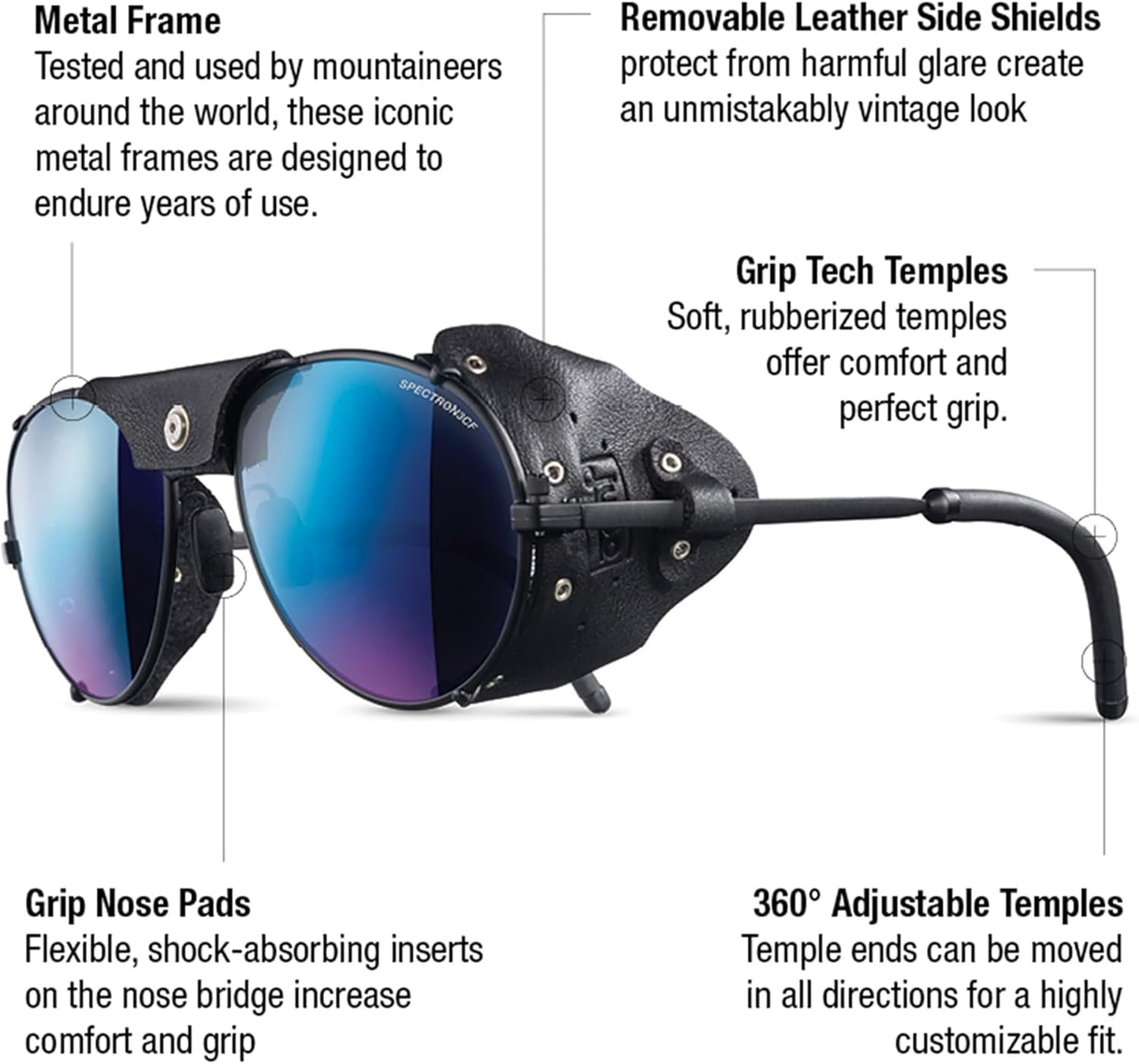 Julbo Cham Glacier Sunglasses for Men & Women w/Removable Leather Side Shields for Hiking, Skiing, Snow - 100% UV Protection