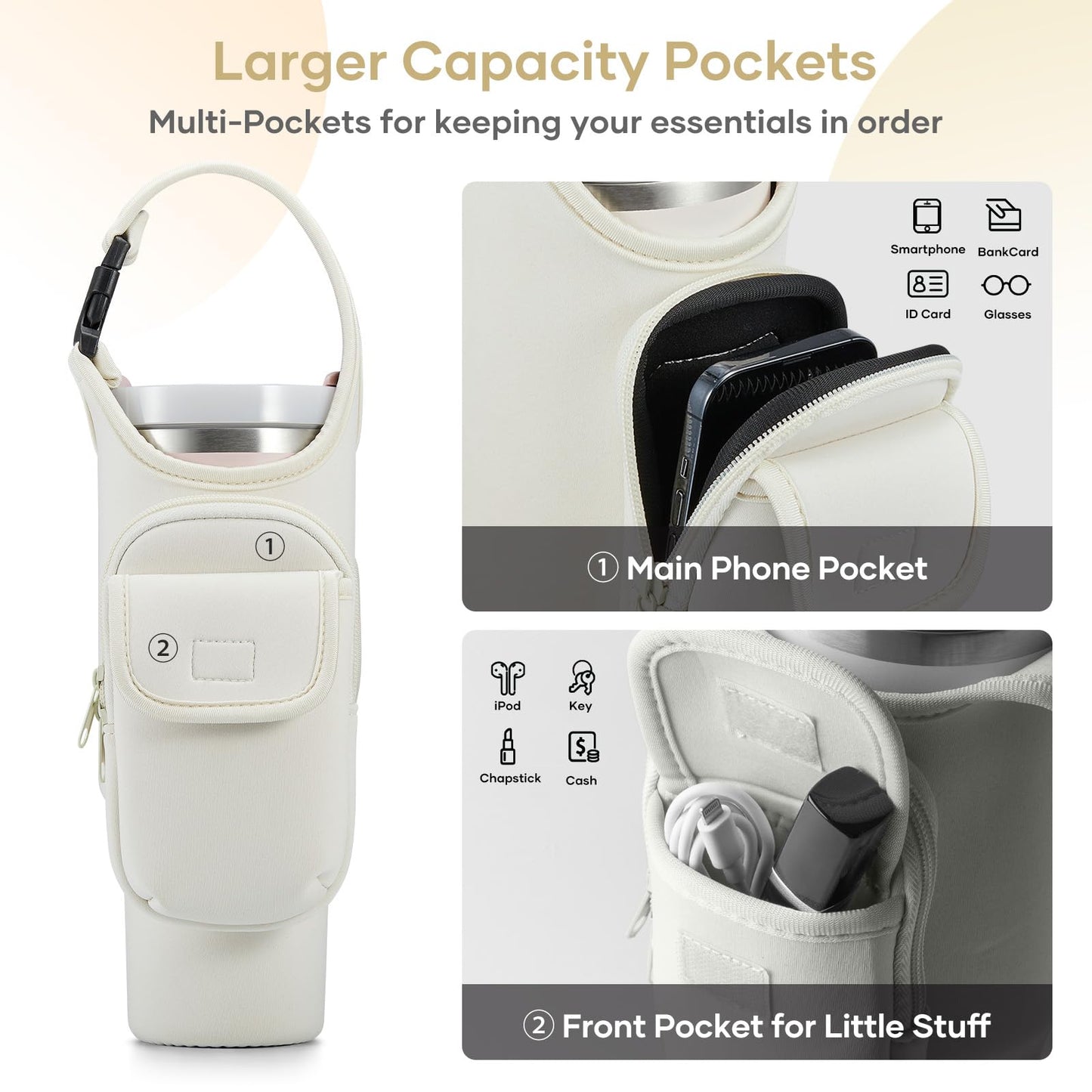 Carrier Bag with Phone & Flap Pockets Accessories for Stanley 40/30oz Tumbler with Handle, Insulated Neoprene Cup Holder Carrier Bag w/Shoulder & Handheld Strap Fits Stanley Cup Accessories