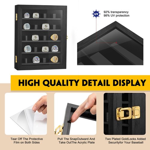Kacorn Championship Ring Display Case, 20 Ring Posts Sports Ring Display Case Wooden Shadow Box for Baseball Basketball Football Softball Award Rings Fan Souvenirs