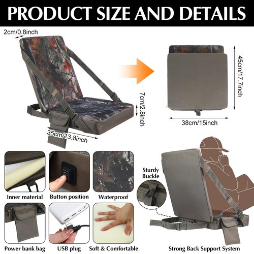 Menkxi Waterproof Heated Hunting Seat Cushion with Backrest 3 Mode Adjustable Self Supporting Tree Stand Seat with Pocket for Hunting Warm Portable Folding for Power Bank Not Included