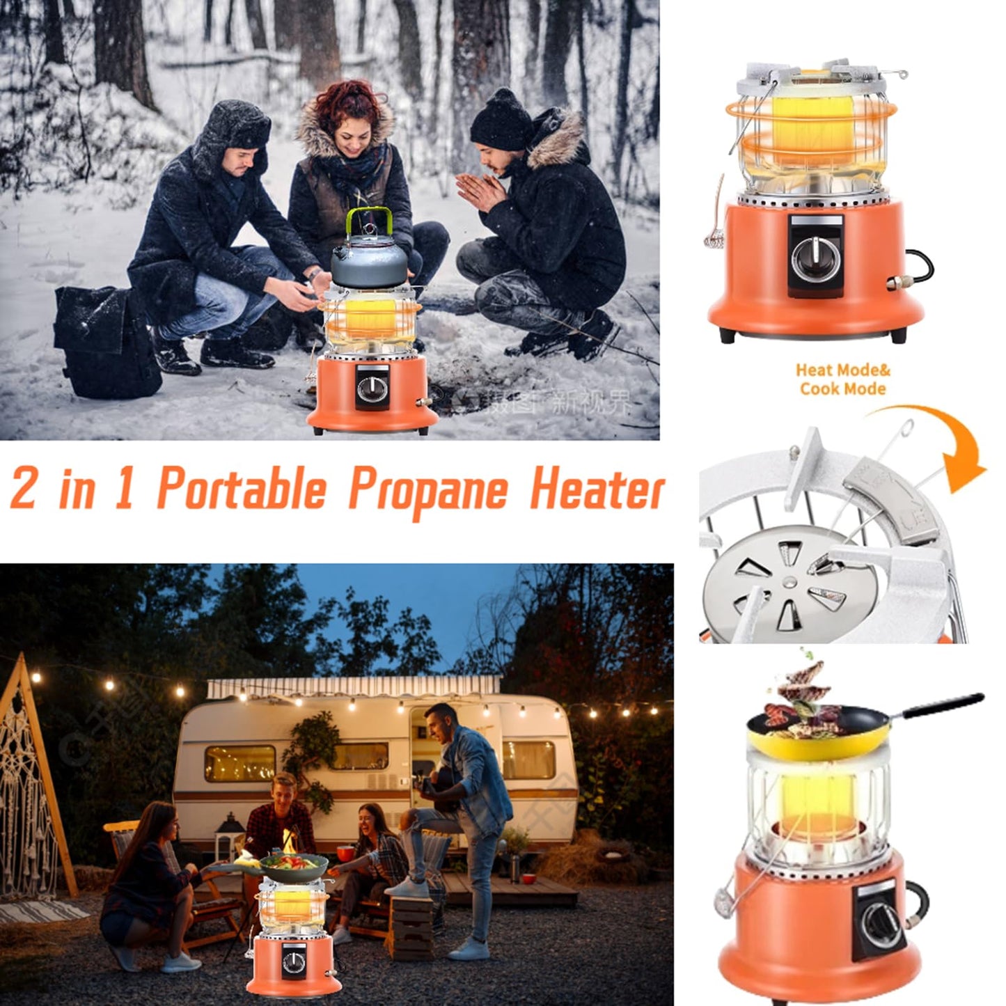 2 in 1 Outdoor Propane Heater, Portable heaters for indoor,camping butane stove, with Propane Hose + Pressure Reducing Valve for Ice Fishing Hiking Hunting, Survival Emergency, Patio,Garage