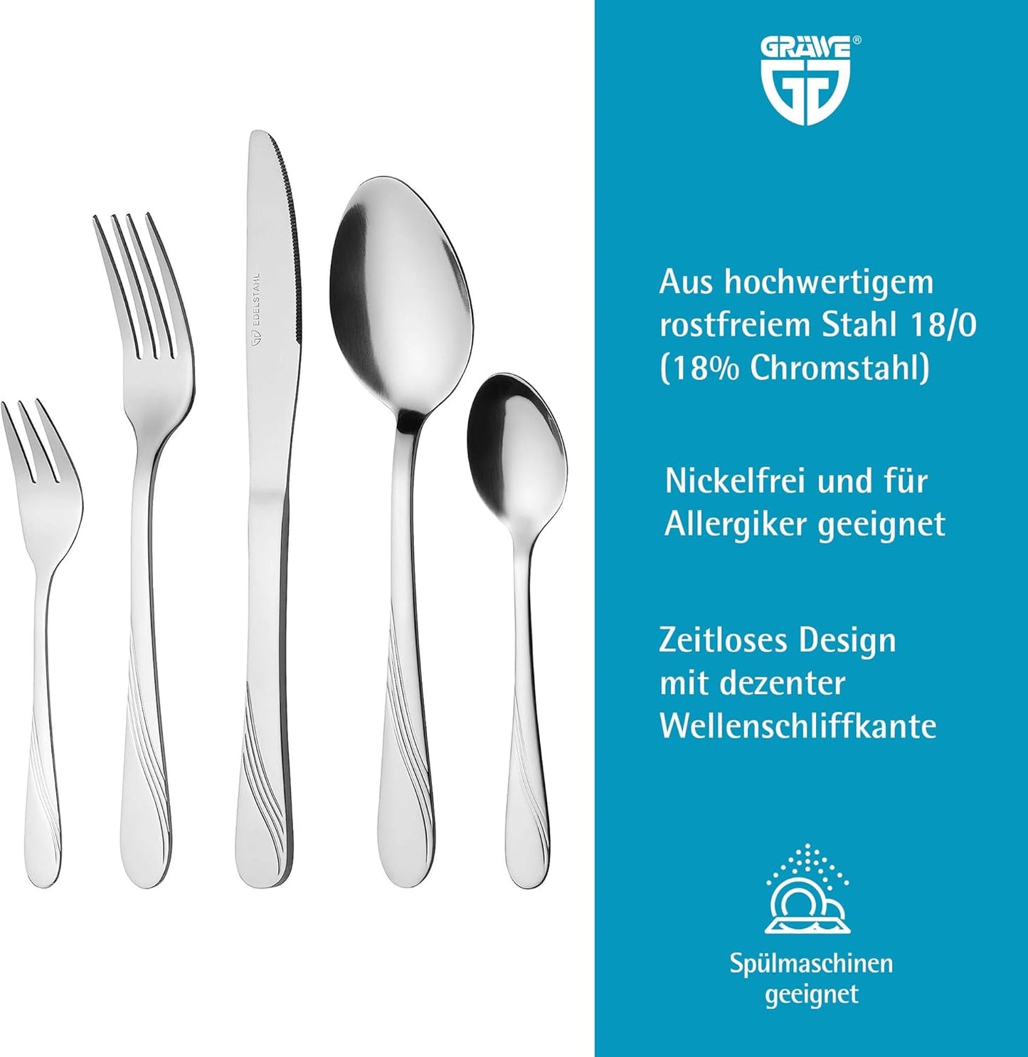 cutlery set for 6 persons made of stainless steel, table cutlery set, nickel free, stainless, hand polished, dishwasher safe - Stralsund Series
