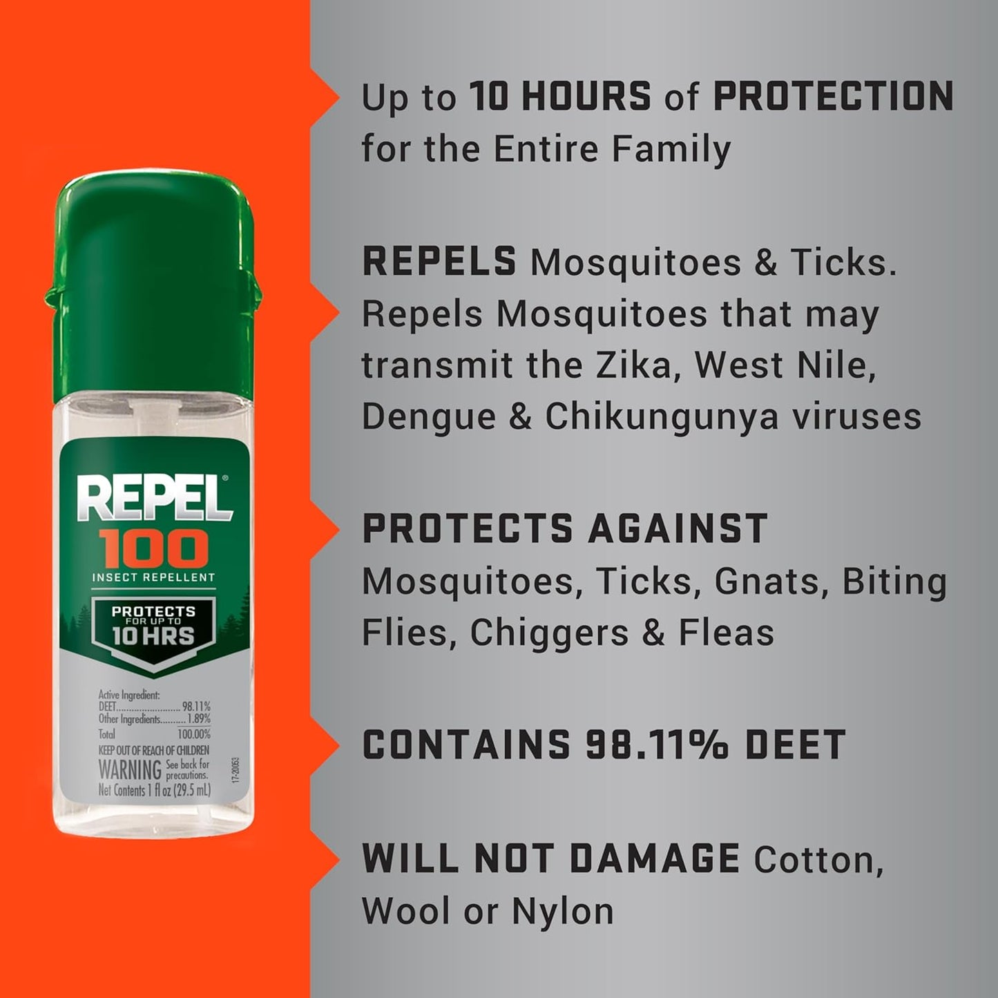 Repel 100 Insect Repellent, Repels Mosquitos, Ticks and Gnats, For Severe Conditions, Protects For Up To 10 Hours, 98% DEET (Pump Spray) 1 fl Ounce
