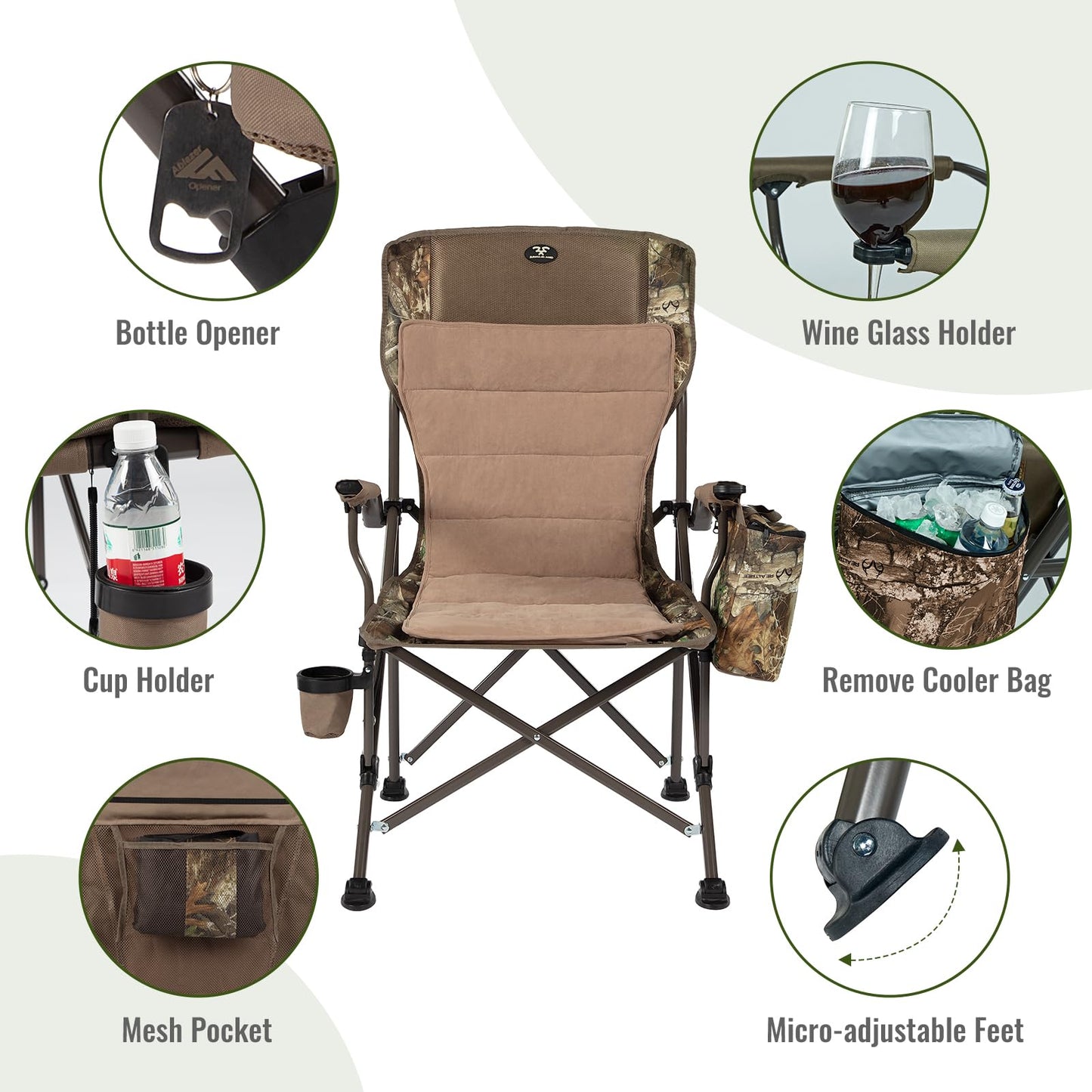 Jungleland Camping Chairs for Adults, 350lbs Support Lawn Chairs, Heavy Duty Portable Chair with Cup Holder & Cooler Bag, for Travel, RV Trip, Fishing, Hunting (Mesh Back&Cushion)
