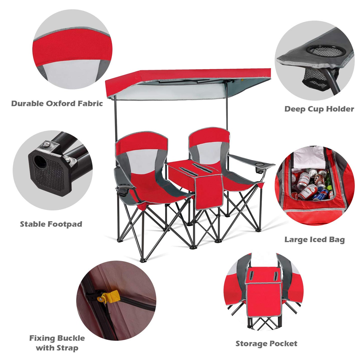 COSTWAY Double Camping Chair, Portable Camping Chair with Canopy, Cup Holder, Iced Bag, Storage Bag, Carrying Bag, Folding Loveseat for Adults, Outdoors Sport, Red