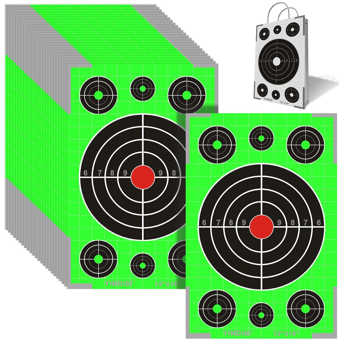 12x18 inch Fluorescent Green Circular Grid Targets with White Grid Lines, High Contrast, NonReflective Surface, Includes Carrying Bag, 25 Sheets, Ideal for Handguns, Rifles, Airguns, BB Guns