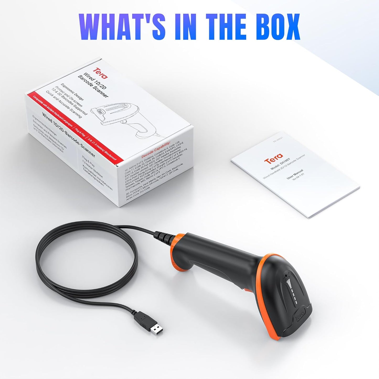 Tera Upgraded USB 1D 2D QR Barcode Scanner Wired, Officially Certified Dustproof Shockproof Waterproof IP65 Ergonomic Handle Fast and Precise Scan for Windows Linux Plug and Play Model D5100Y