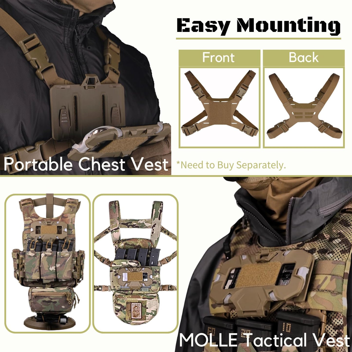 Let Me Be Tactical Plate Carrier Molle Phone Carrier Vest Attachments, Outdoor Universal Foldable Phone Chest Holder, Chest Rig Mount Navigation Board for 4.7"-6.7" Screen (FoldPanel-Tan)