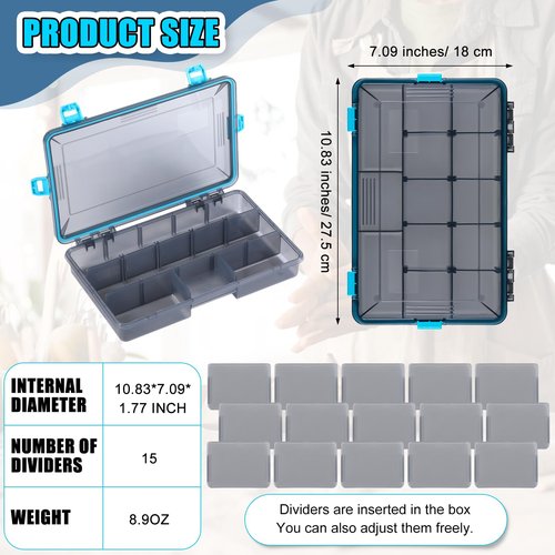 Wonderjune Fishing Tackle Boxes Waterproof 3600 Tackle Trays with Removable Dividers Plastic Storage Organizer Bait Vault Camouflage Box for Freshwater Saltwater (Blue)