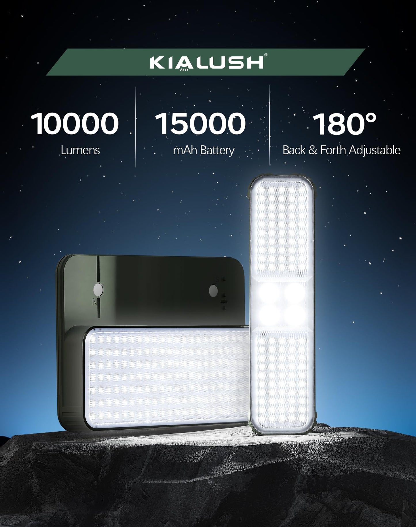 KIALUSH 10000lm Dimmable Rechargeable Work Light, 15000mAh Detachable Camping Work Light 72'' Telescopic with 2 Separate Lights, 2 Charge Ways Type C & Solar Powered