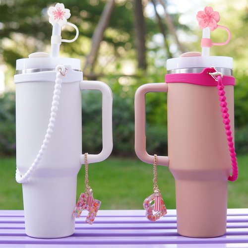 Eoopoon Water Bottle Handle Strap with 3Pcs Straw Cover Caps for Stanley Cup, Dust-Proof Reusable Silicone Straw Cap for Stanley 30&40 Oz Tumbler, Stanley Cup Accessories(Pink A)