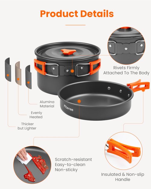 Fitense 22Pcs Camping Cookware Mess Kit for 2, Lightweight Camping Kitchen Pots and Pans Set, Portable Camping Essentials for Backpacking, Camping Cooking Hiking and Picnic