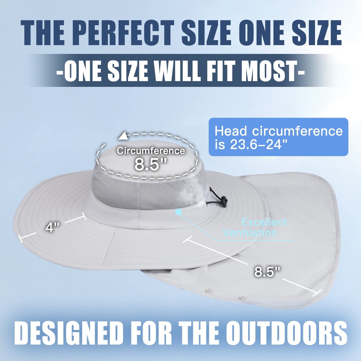 Sclzoed Fishing Hat for Men,Outdoor Sun Hat UPF52+ Mesh Wide Brim Fishing Hat with Neck Flap Light Gray