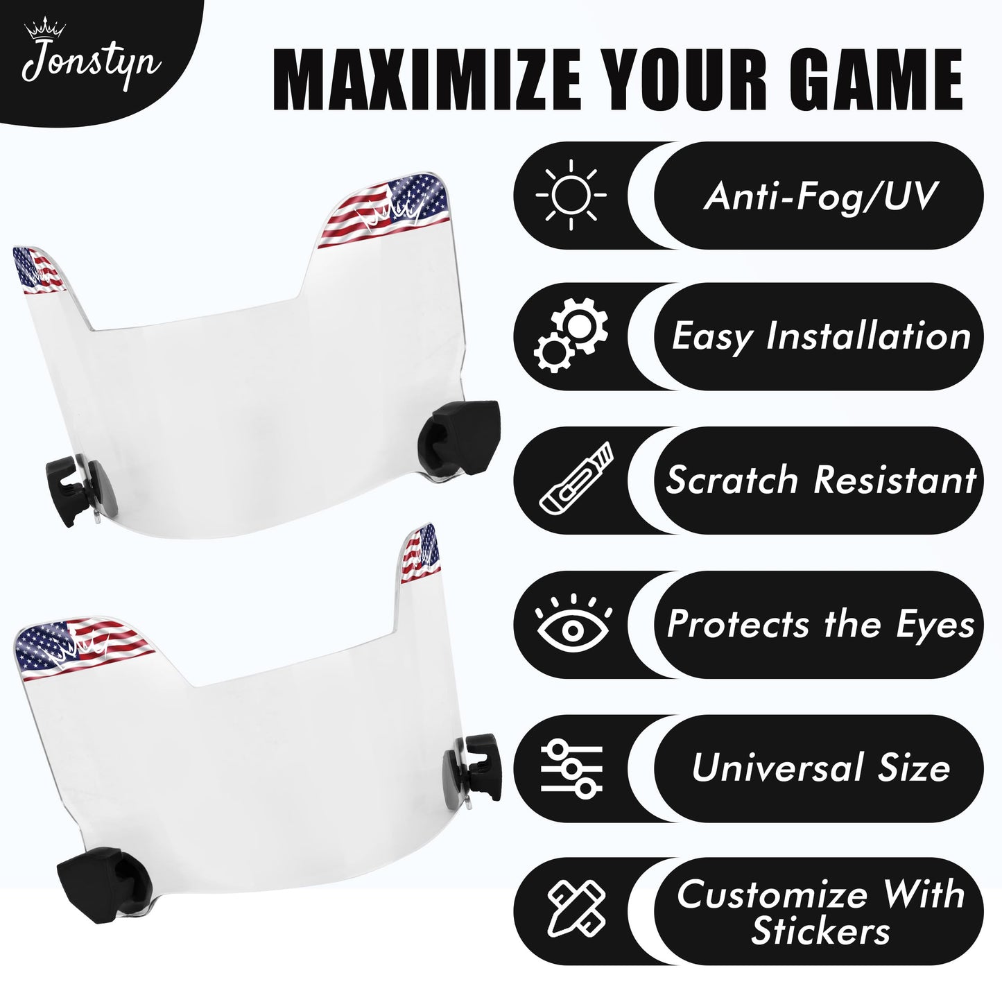 JONSTYN Football Visor with Anti-Fog Clear Shield, 15 Stickers & Storage Bag | Scratch-Resistant, Polycarbonate, Anti-Reflective, Durable & Easy to Install | Universal Fit for Youth & Adult Helmets