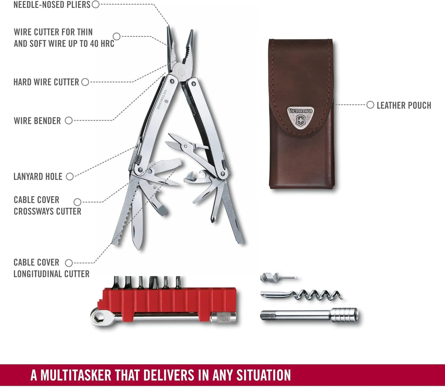 Victorinox Swiss Tool Swiss Army Knife, 24 Function Swiss Made Multi-Tool with Needle-Nose Pliers, Wire Cutters and Large Blade - Silver