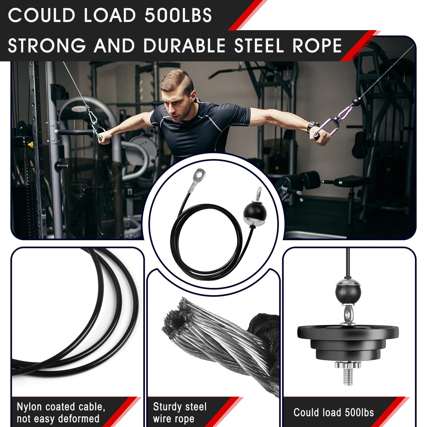 59IN Fitness Pulley Cable - Replacement Cable Machine Accessories -Thick 5mm(0.2inch) - Cable Pulley Attachments for Gym- Heavy Duty Steel Wire Rope for Cable Pulley Machine