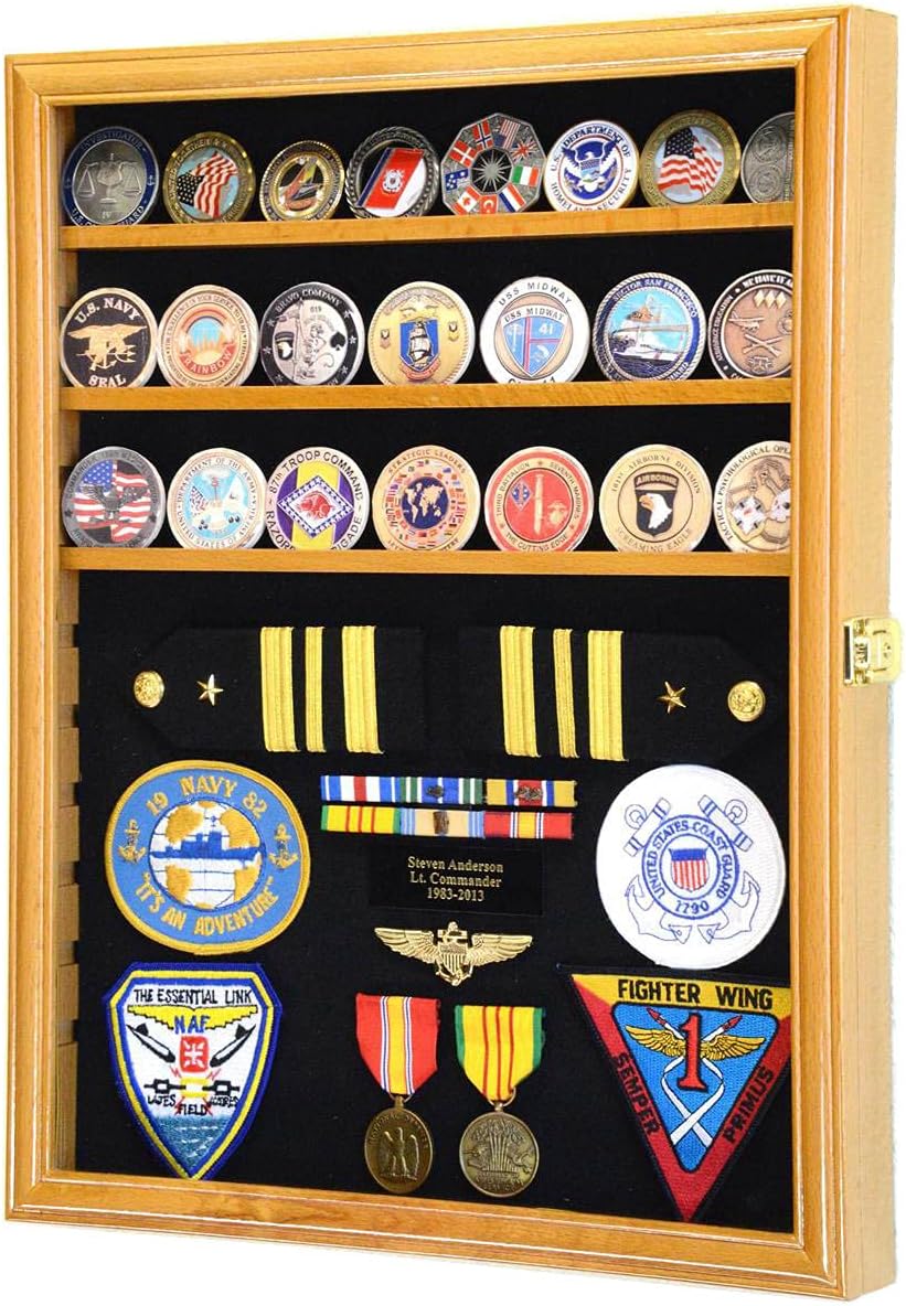 56 Challenge Coin Display Case Cabinet - Fully Adjustable Shelves - Larger Coins - 98% UV Protection (Black Finish)