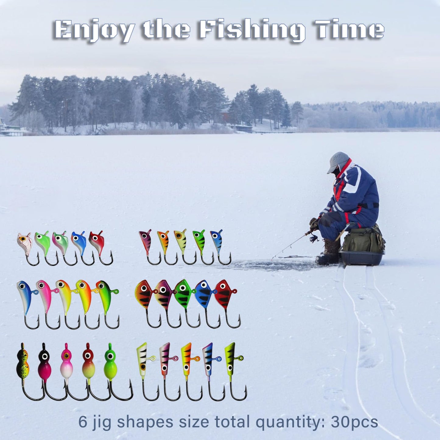 KJEIM Ice Fishing Jigs Kit, 30pcs Glow Ice Fishing Lures Luminous Ice Fishing Gear Winter Fishing Jigging for Crappie Pike Panfish Walleye Perch Bluegill