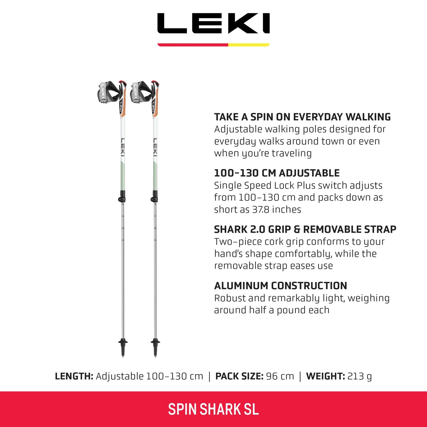 LEKI Spin Shark SL Aluminum Adjustable Lightweight Trekking Poles for Hiking & Nordic Walking - White-Green-Anthracite - 100-130 cm