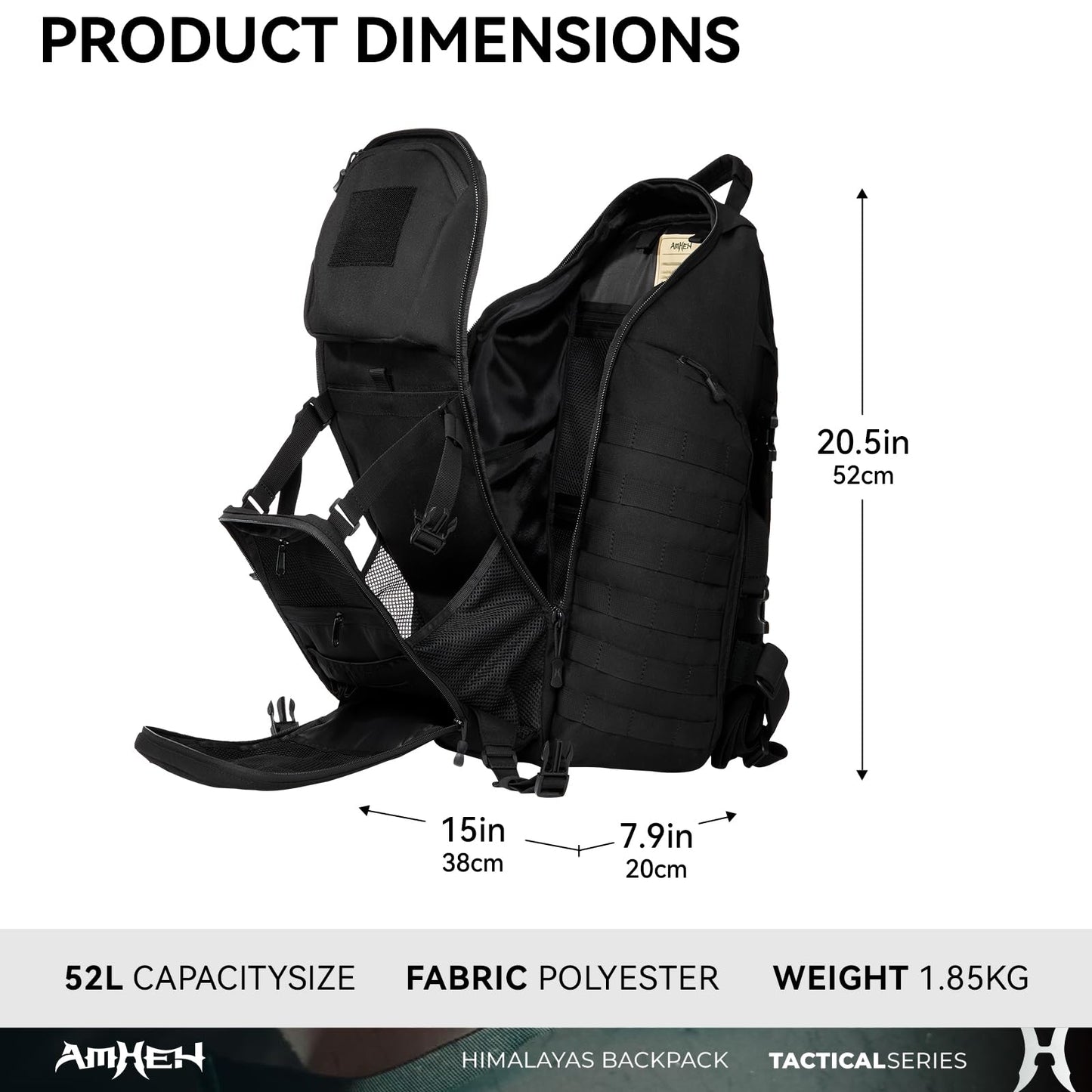 AMHEH 52L Tactical Backpack Military Molle Assault Pack - 3 Day Bugout Survival Rucksack, Hydration Compatible, Black