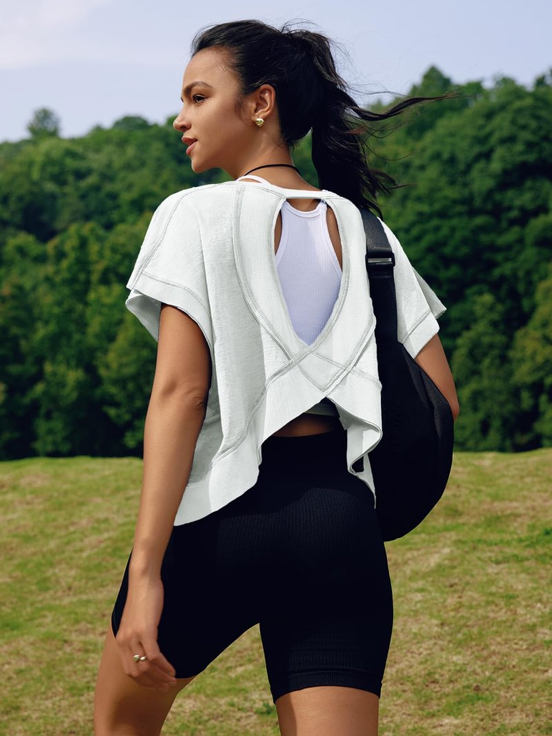 SENSERISE Womens Open Back Workout Tops Backless Short Sleeve Athletic Shirt Running Crop Top Gym Yoga Tee(Snow White,S)
