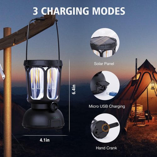 Raynic 6000 LED Camping Lantern, 650LM Hand Crank Solar Battery Powered Rechargeable Lantern