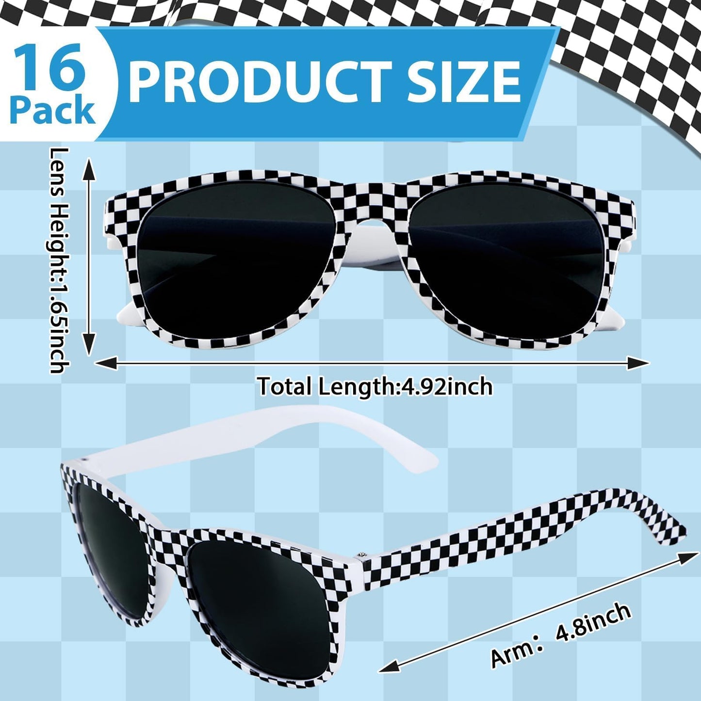 16 Pack Race Car Checkered Sunglasses White Black Frame Checker Sunglasses Bulk for Kids Racing Party Favors Essentials & Gear Up With Hot Car Plastic Glasses for Racing Theme Birthday Party Gifts