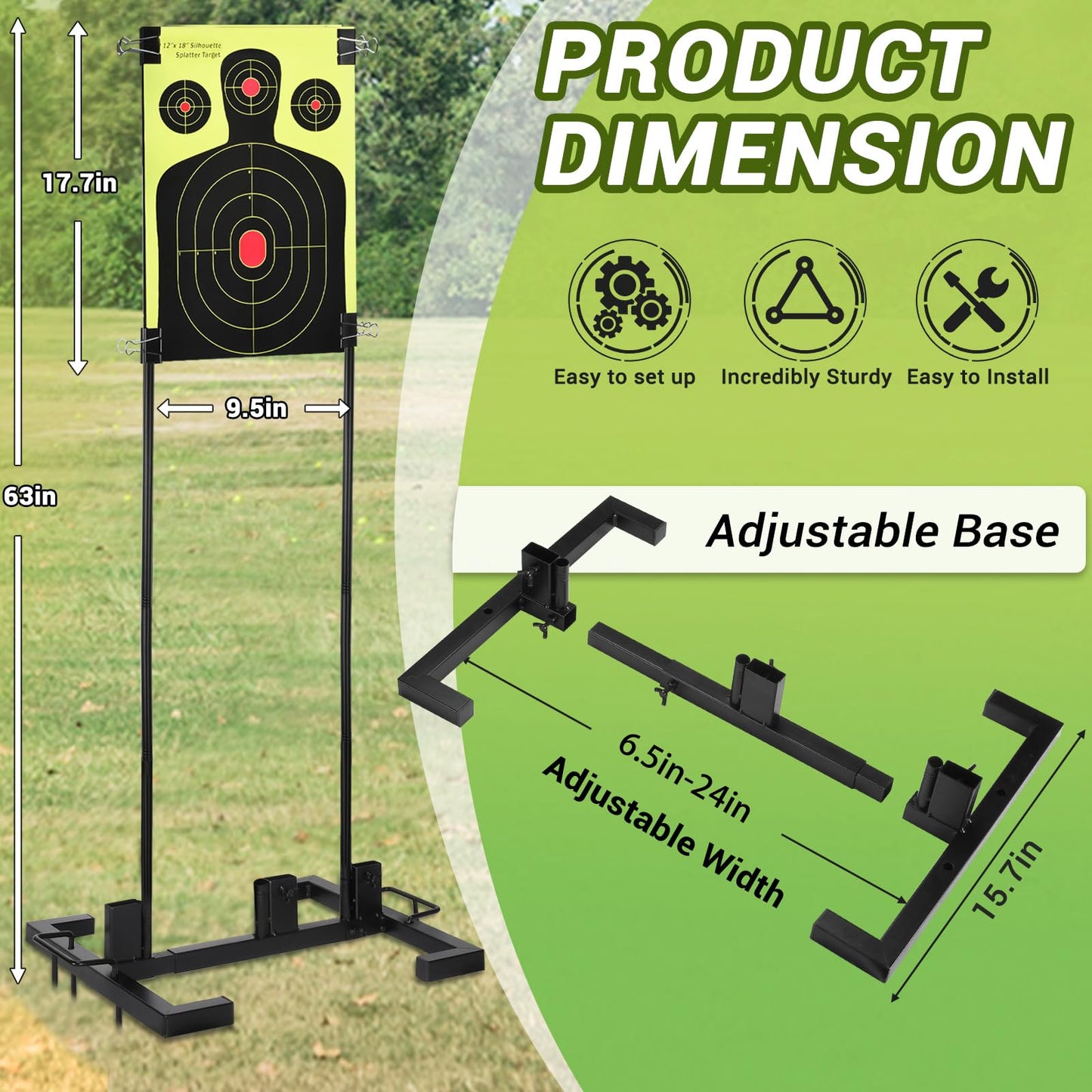 Adjustable Shooting Target Stand Set With 10 Paper Targets, Two Mounting Options for Outdoors, Stable Holder With Metal Poles and Ground Nails (Black)