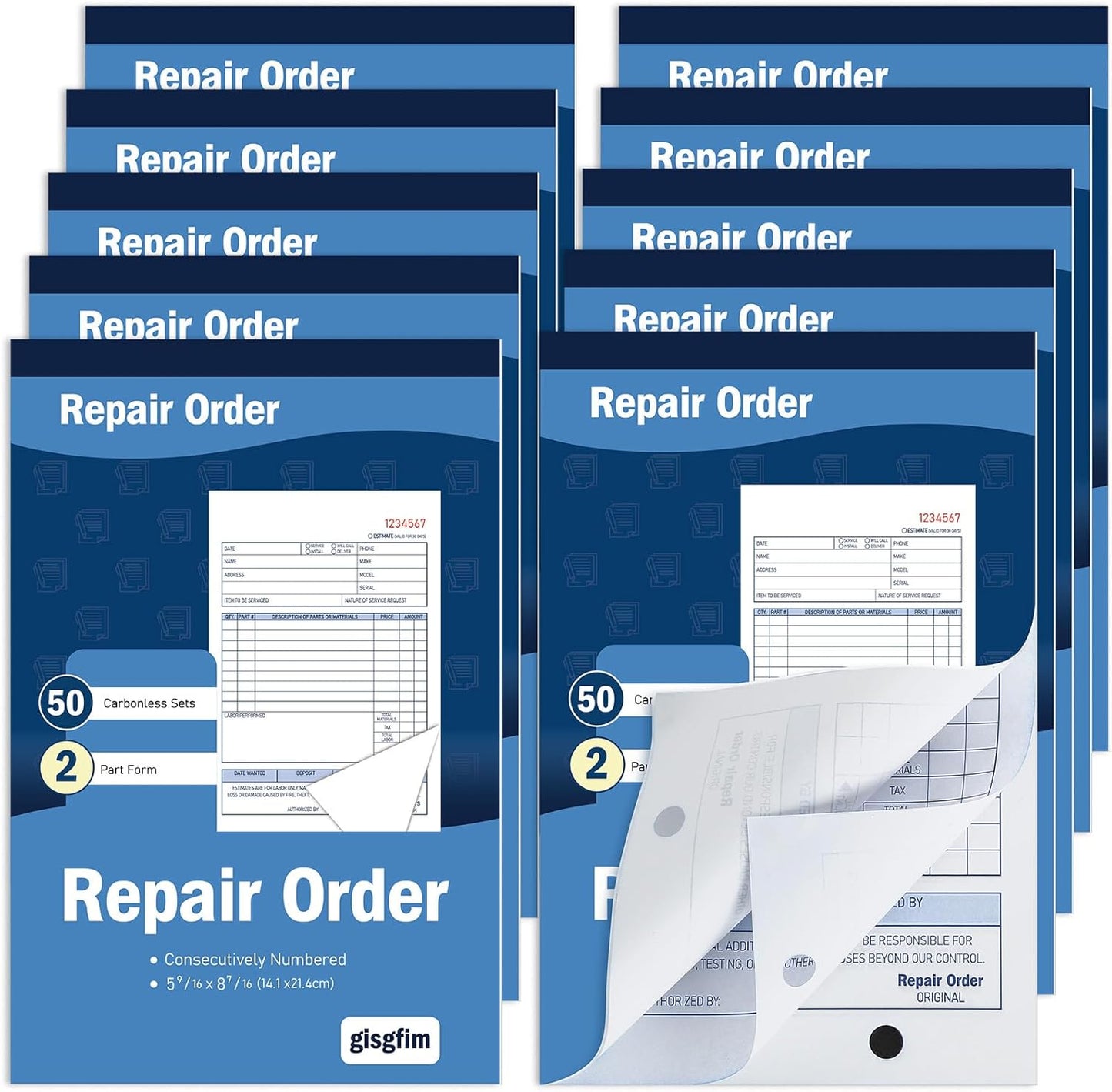 gisgfim 2 Pad Repair Order Book 2 Part Carbonless Receipt Books Consecutively Numbered with Claim Check Stub Invoice Receipt Book Work Order Form Receipt Book Order for Small Business 50 Set per Pads