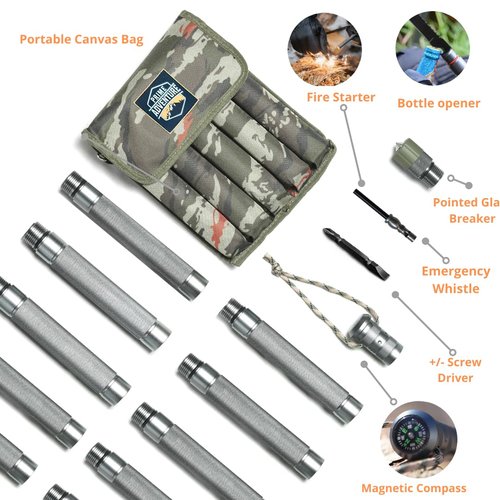 Prime Adventure Hiking Tactical Stick Walking Staff - Outdoor Multitool Gear Trekking Pole Collapsible Retractable Premium 15 in 1 | 8 Tubes