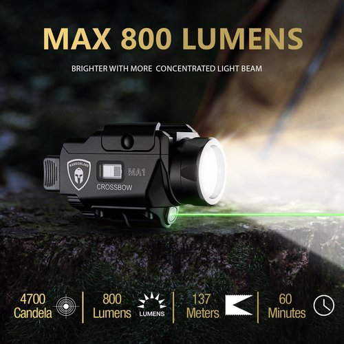 WARRIORLAND Compact MA1 800-Lumen Pistol Light, Fits G17/ G19/ G19X/ P320/ G2C/ Hellcat Pro/Echelon and Other 100+ Models, with Green Laser White LED Combo, Tactical Flashlight with Battery Indicator