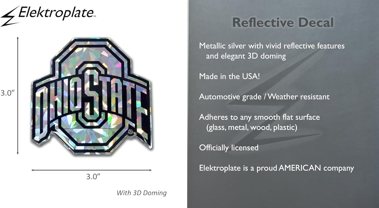 Elektroplate Officially Licensed Ohio State Silver Reflective Decal | Premium 3D Doming All Weather Sticker for Car, Water Bottle, Laptop, Window, Cooler, Bumper, Toolbox, Phone | Made in The USA