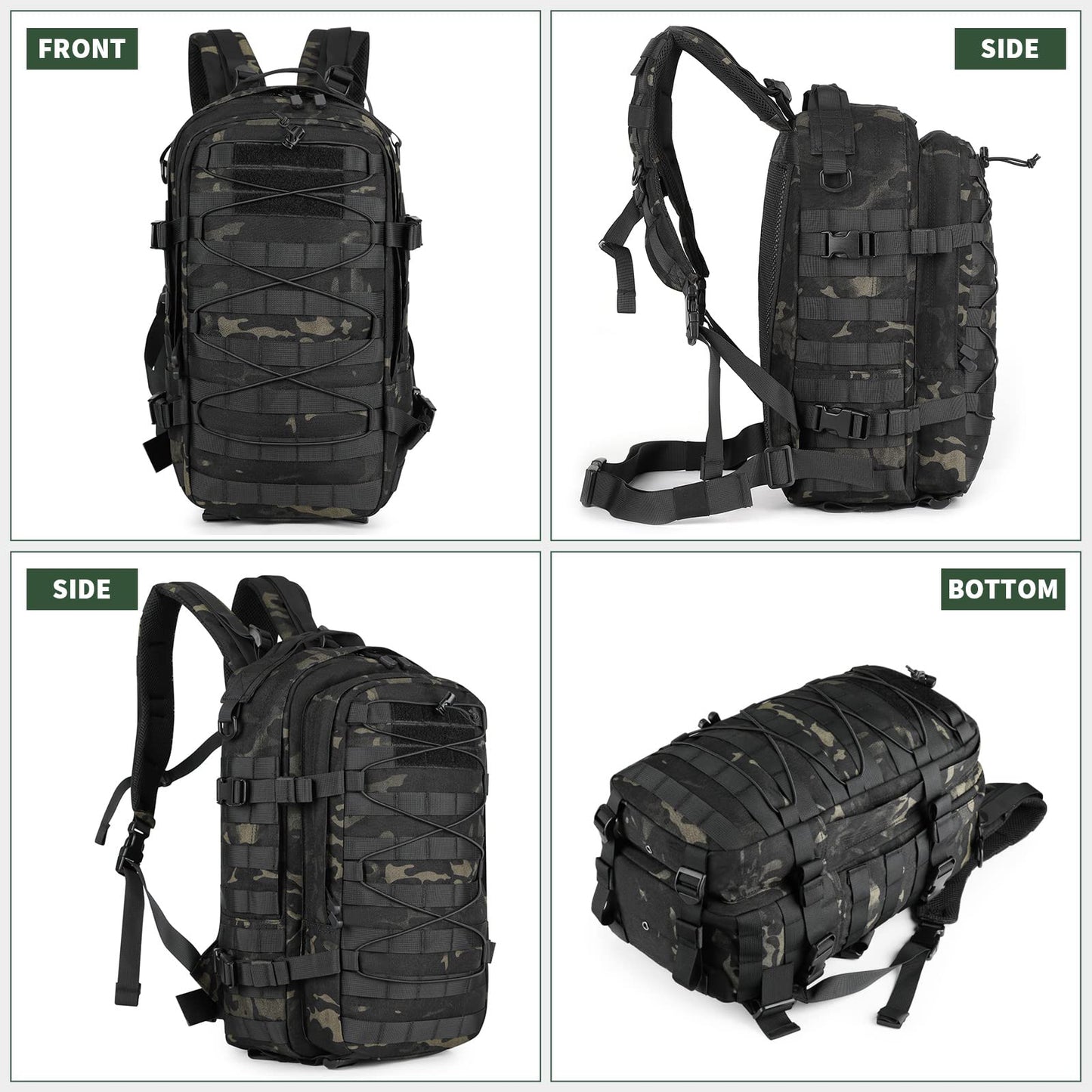 CamGo Military Tactical Backpack 25L MOLLE Hiking Daypack Trekking Rucksack Bug Out Bag for Daily Outdoor Sports (CP Black-25L)
